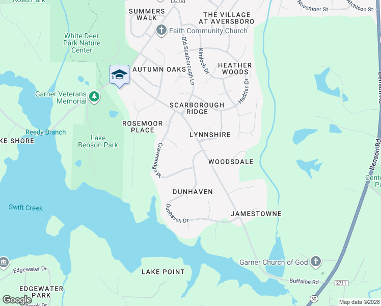map of restaurants, bars, coffee shops, grocery stores, and more near 2502 Dunhaven Drive in Garner