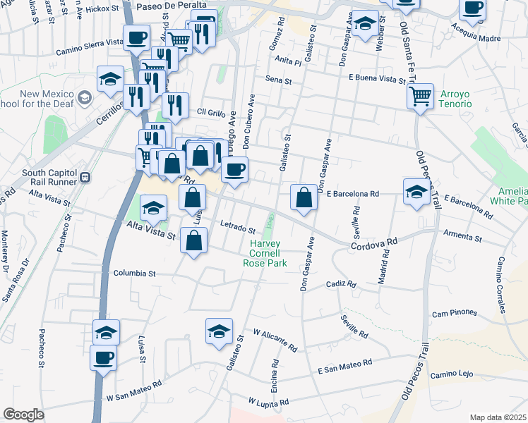 map of restaurants, bars, coffee shops, grocery stores, and more near 1200 Galisteo Pkwy in Santa Fe
