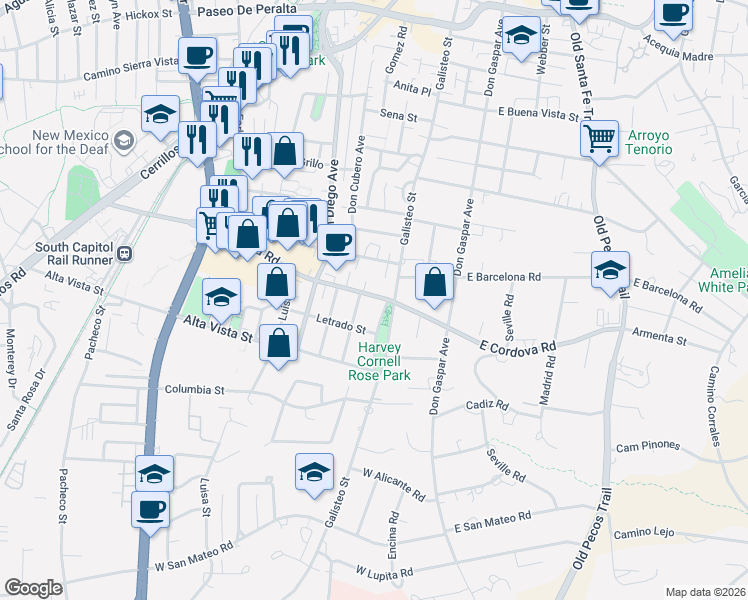 map of restaurants, bars, coffee shops, grocery stores, and more near 1200 Galisteo Parkway in Santa Fe