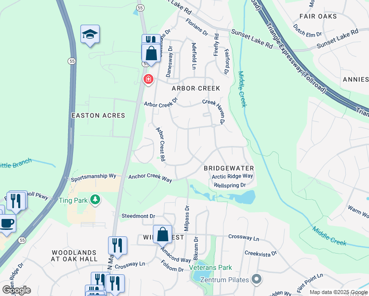 map of restaurants, bars, coffee shops, grocery stores, and more near 124 Wellspring Drive in Holly Springs