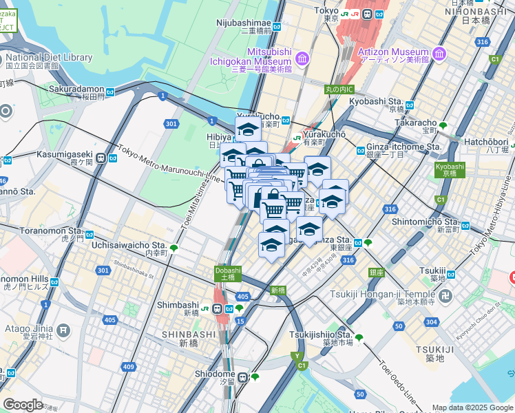 map of restaurants, bars, coffee shops, grocery stores, and more near in Chuo City