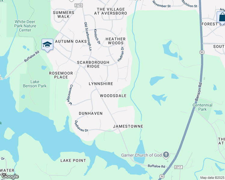 map of restaurants, bars, coffee shops, grocery stores, and more near 107 Pineway Street in Garner
