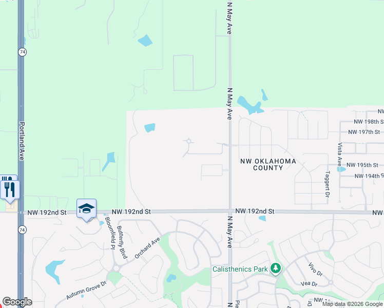 map of restaurants, bars, coffee shops, grocery stores, and more near 19374-19898 North May Avenue in Edmond