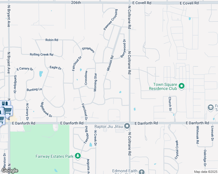 map of restaurants, bars, coffee shops, grocery stores, and more near 1701 Rising Star Lane in Edmond