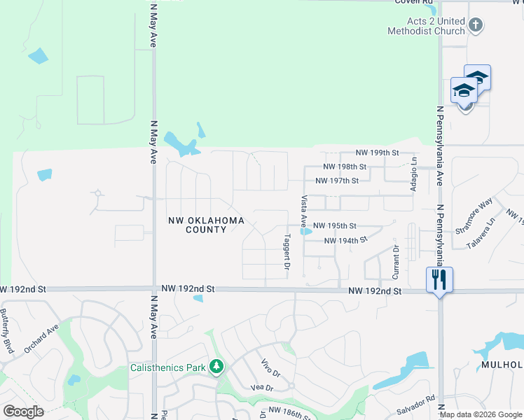 map of restaurants, bars, coffee shops, grocery stores, and more near 2516 Northwest 195th Street in Edmond