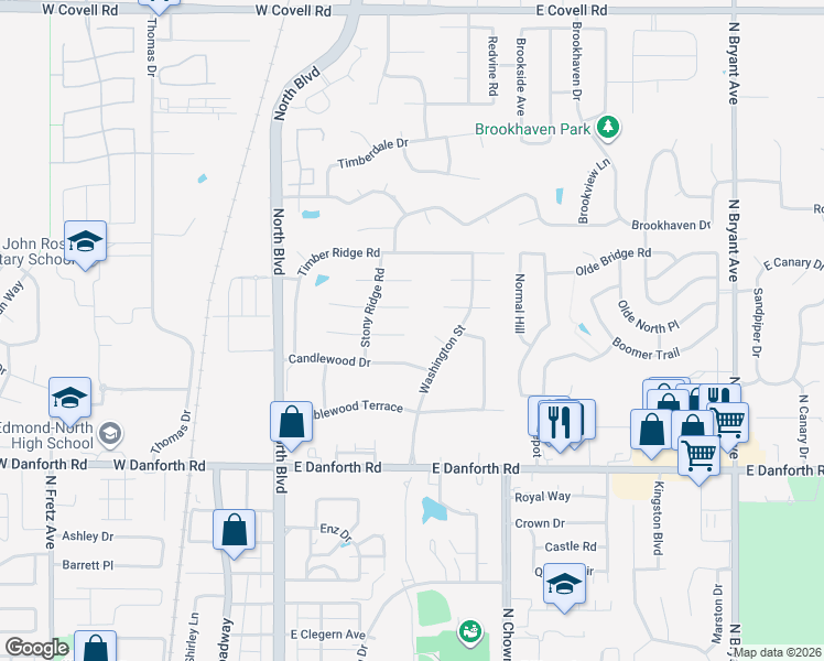 map of restaurants, bars, coffee shops, grocery stores, and more near 521 Partridge Lane in Edmond