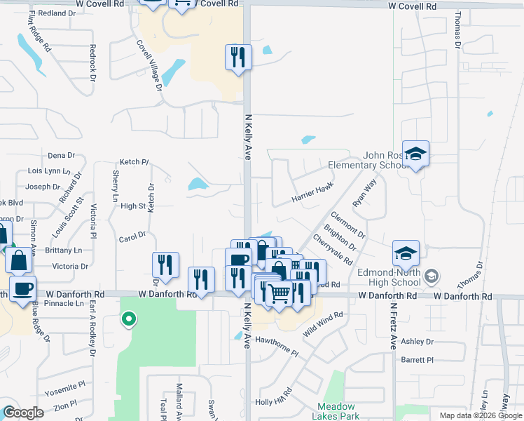 map of restaurants, bars, coffee shops, grocery stores, and more near 1621 Apian Way in Edmond