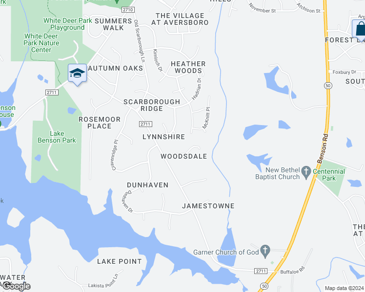 map of restaurants, bars, coffee shops, grocery stores, and more near 107 Pineway Street in Garner