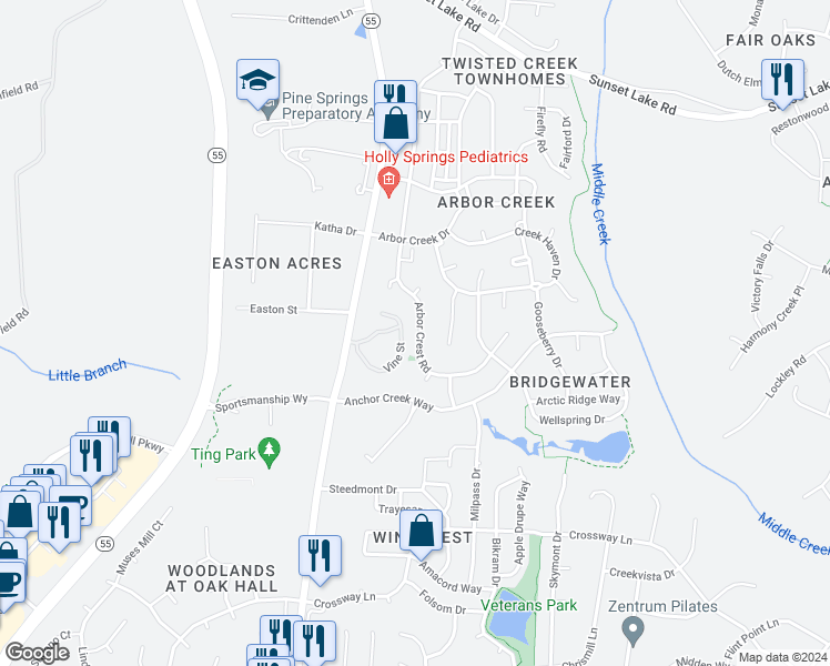 map of restaurants, bars, coffee shops, grocery stores, and more near 328 Arbor Crest Road in Holly Springs