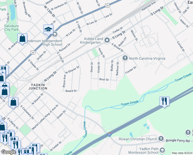 map of restaurants, bars, coffee shops, grocery stores, and more near 1515 Bost Street in Salisbury