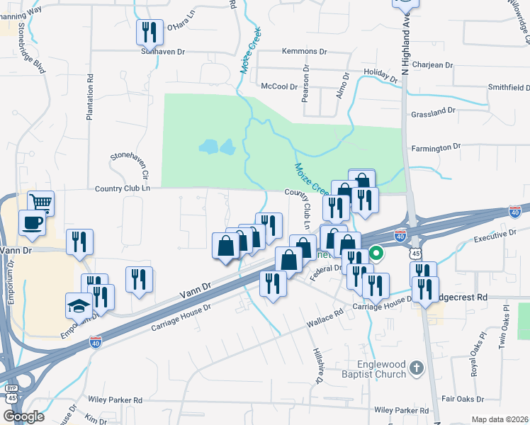 map of restaurants, bars, coffee shops, grocery stores, and more near 194 Country Club Ln in Jackson