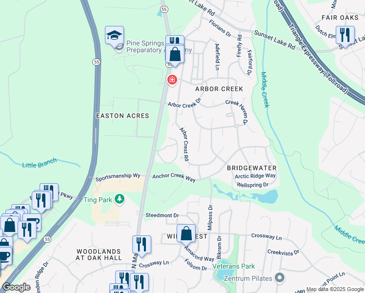 map of restaurants, bars, coffee shops, grocery stores, and more near 328 Arbor Crest Road in Holly Springs