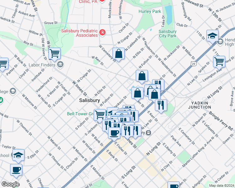 map of restaurants, bars, coffee shops, grocery stores, and more near 326 West Liberty Street in Salisbury