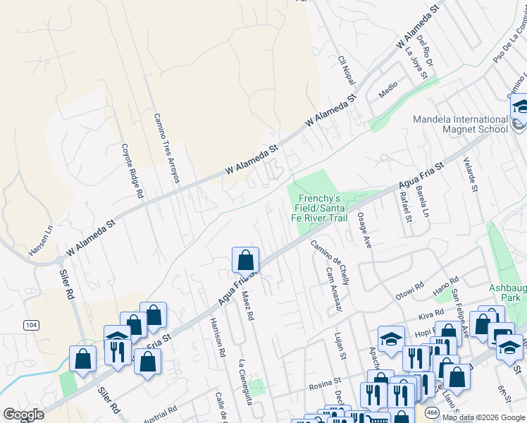 map of restaurants, bars, coffee shops, grocery stores, and more near 1304 Camino Carlos Rael in Santa Fe