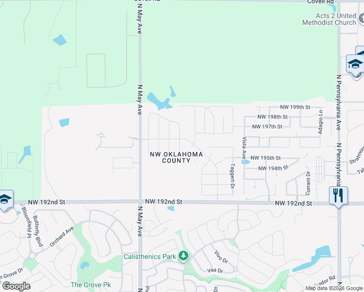 map of restaurants, bars, coffee shops, grocery stores, and more near 19500 North May Avenue in Edmond
