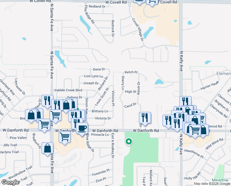 map of restaurants, bars, coffee shops, grocery stores, and more near 1620 Victoria Place in Edmond