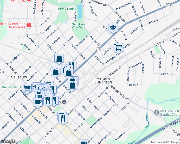 map of restaurants, bars, coffee shops, grocery stores, and more near 717 North Lee Street in Salisbury