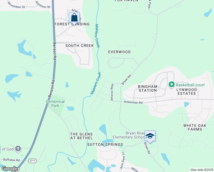 map of restaurants, bars, coffee shops, grocery stores, and more near 8098 Bryan Road in Garner