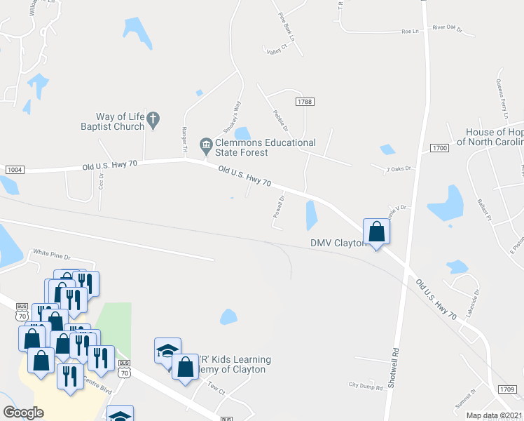 map of restaurants, bars, coffee shops, grocery stores, and more near 1915 Old US Highway 70 West in Clayton