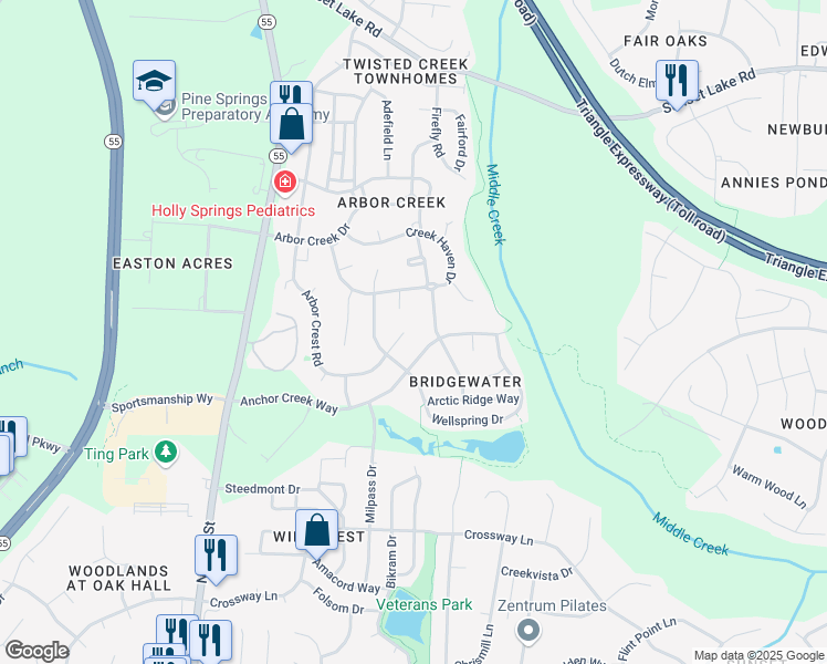 map of restaurants, bars, coffee shops, grocery stores, and more near 616 Arbor Crest Road in Holly Springs
