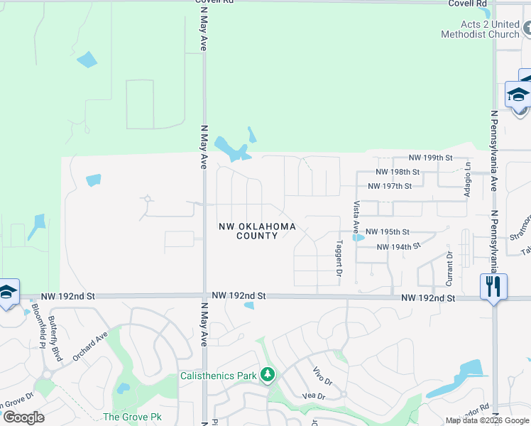 map of restaurants, bars, coffee shops, grocery stores, and more near 19500 North May Avenue in Edmond