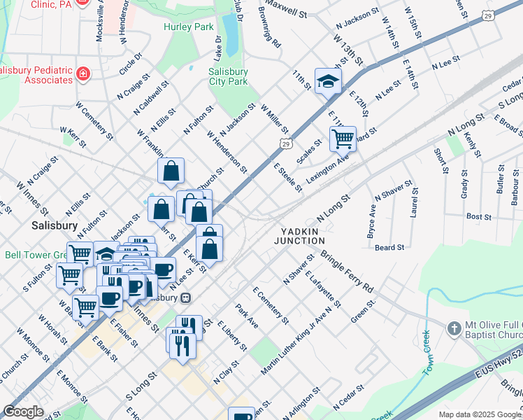 map of restaurants, bars, coffee shops, grocery stores, and more near 717 North Lee Street in Salisbury