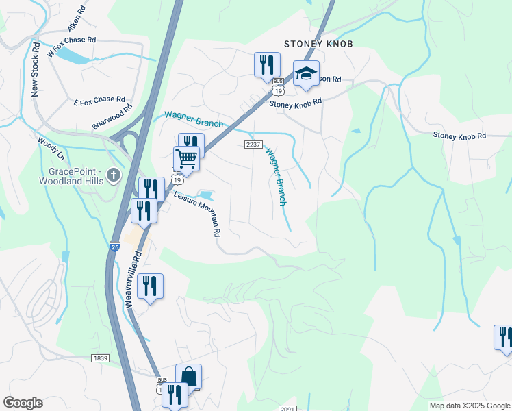 map of restaurants, bars, coffee shops, grocery stores, and more near 10 East Baird Mountain Road in Asheville