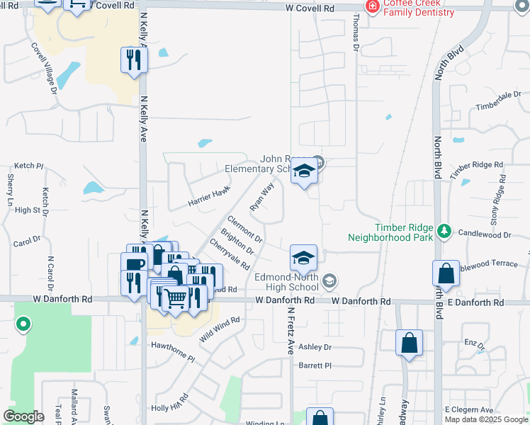 map of restaurants, bars, coffee shops, grocery stores, and more near 404 Ryan Court in Edmond