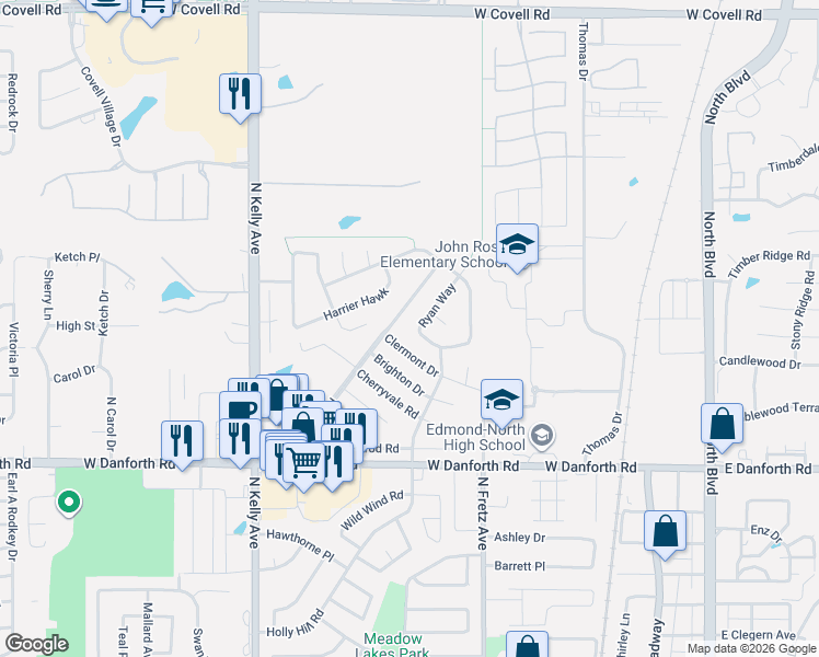 map of restaurants, bars, coffee shops, grocery stores, and more near 412 Ryan Way in Edmond
