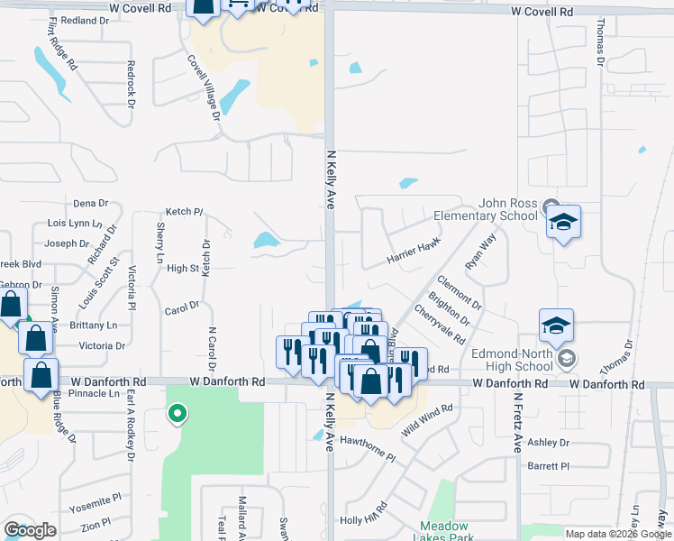 map of restaurants, bars, coffee shops, grocery stores, and more near 1621 Apian Way in Edmond