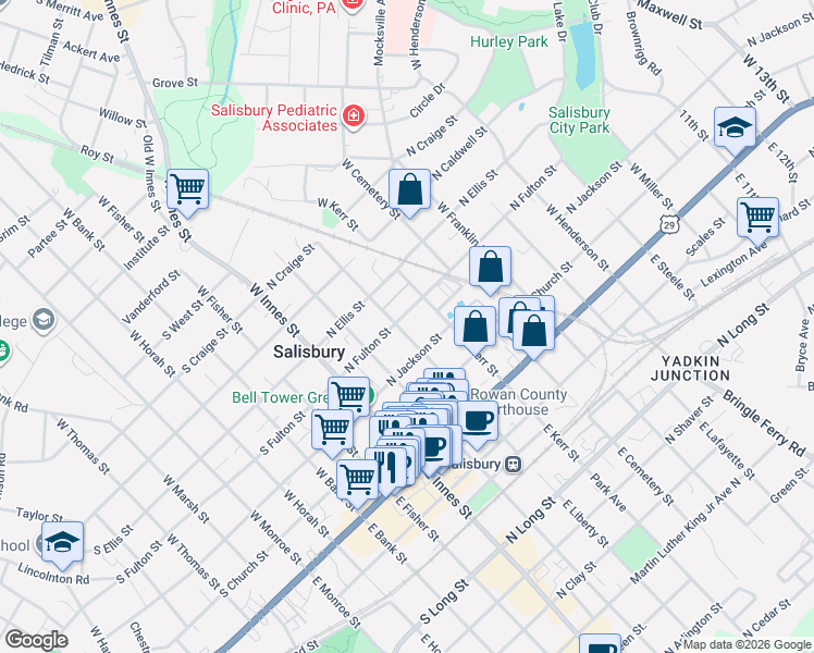 map of restaurants, bars, coffee shops, grocery stores, and more near 326 West Liberty Street in Salisbury