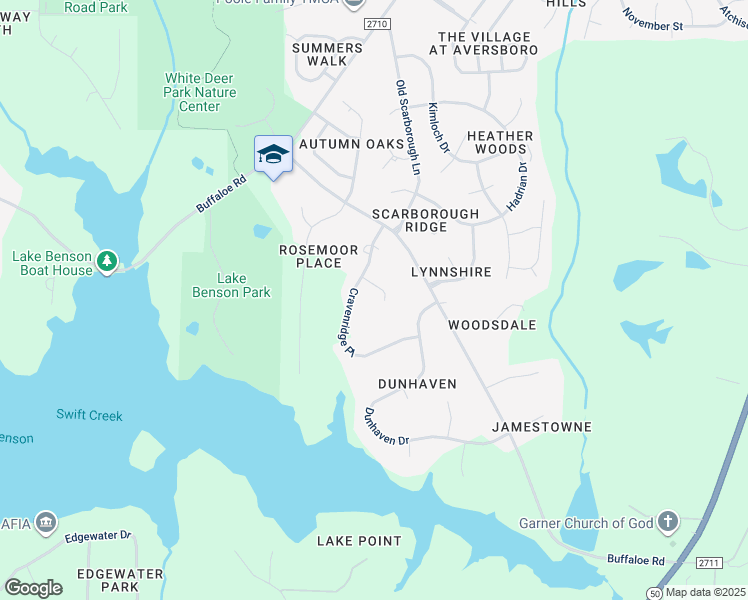 map of restaurants, bars, coffee shops, grocery stores, and more near 2702 Falkirk Place in Garner