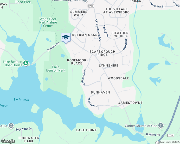 map of restaurants, bars, coffee shops, grocery stores, and more near 2702 Falkirk Place in Garner