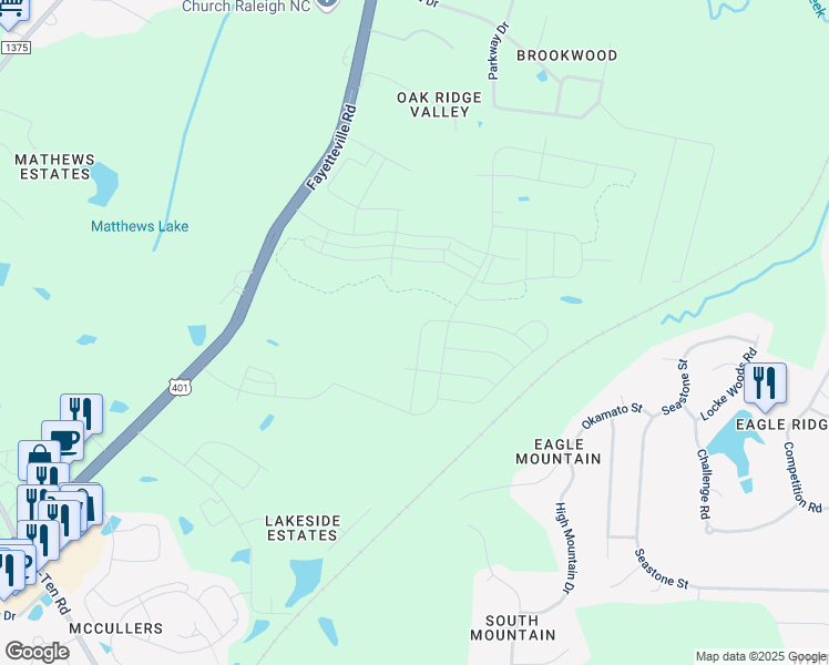 map of restaurants, bars, coffee shops, grocery stores, and more near 7509 Fayetteville Road in Raleigh