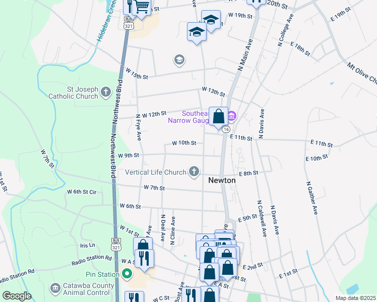map of restaurants, bars, coffee shops, grocery stores, and more near 200 W 9th St in Newton
