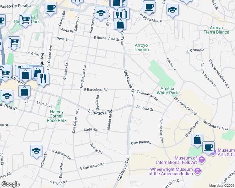 map of restaurants, bars, coffee shops, grocery stores, and more near 308 Madrid Lane in Santa Fe