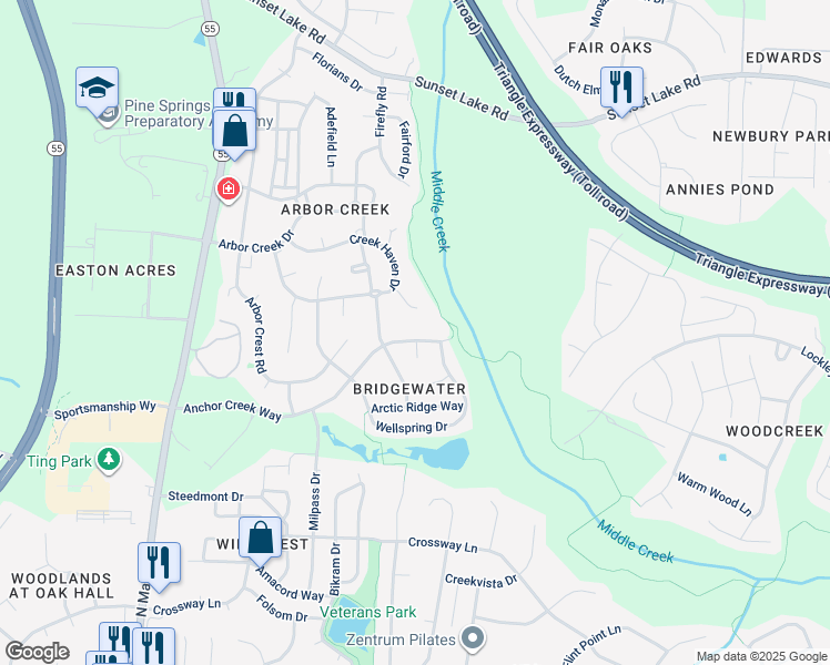 map of restaurants, bars, coffee shops, grocery stores, and more near 517 Anchor Creek Way in Holly Springs