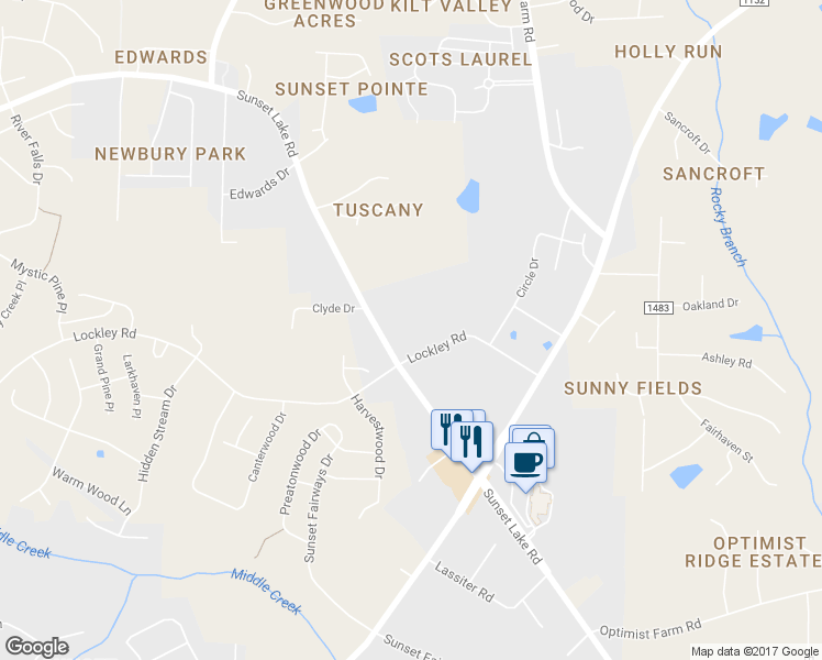 map of restaurants, bars, coffee shops, grocery stores, and more near 4632 Lockley Road in Apex