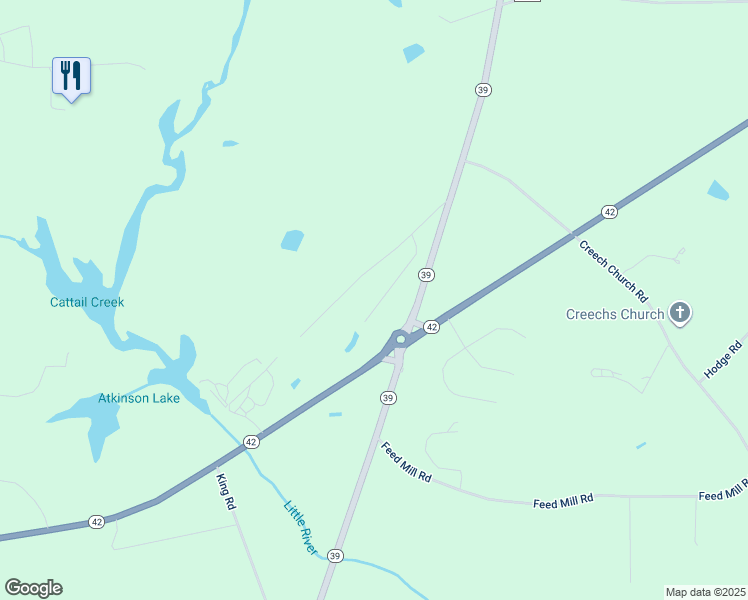 map of restaurants, bars, coffee shops, grocery stores, and more near Noramac Ct in Johnston County