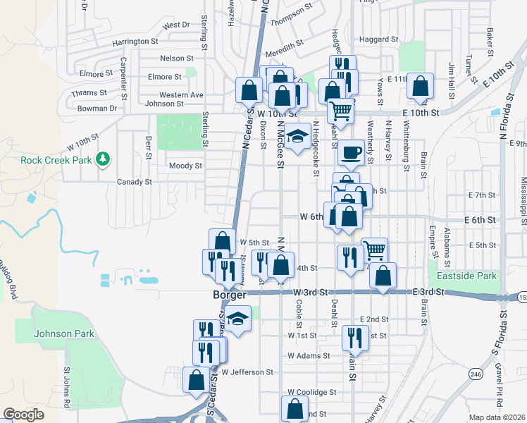 map of restaurants, bars, coffee shops, grocery stores, and more near 508 Bowie Street in Borger