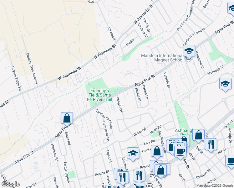 map of restaurants, bars, coffee shops, grocery stores, and more near Agua Fria St & Osage Ave in Santa Fe