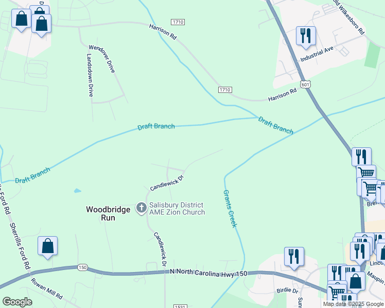 map of restaurants, bars, coffee shops, grocery stores, and more near 710 Candlewick Drive in Salisbury