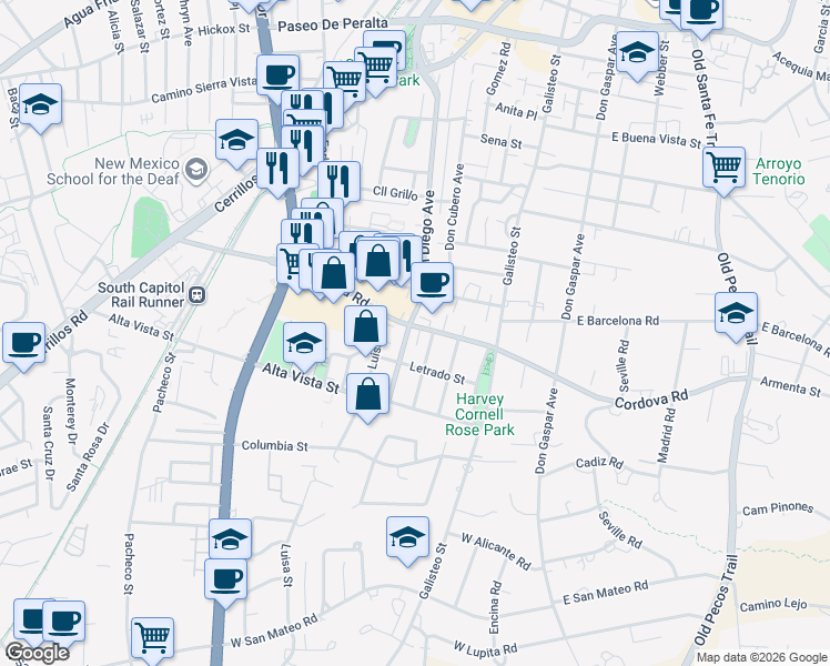 map of restaurants, bars, coffee shops, grocery stores, and more near 1201 Don Diego Avenue in Santa Fe