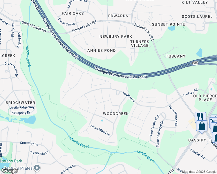 map of restaurants, bars, coffee shops, grocery stores, and more near Mayfield Drive in Apex