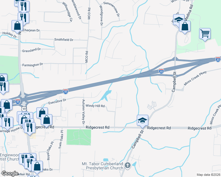 map of restaurants, bars, coffee shops, grocery stores, and more near 117 Ridgeoak Place in Jackson