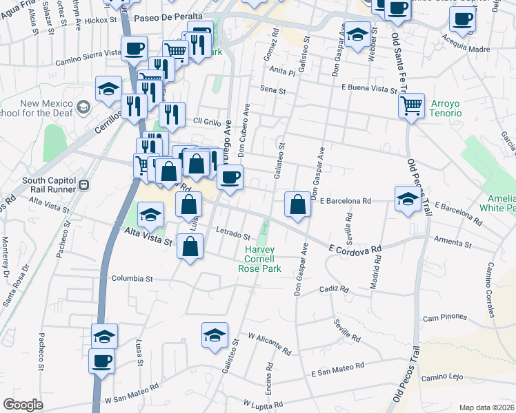map of restaurants, bars, coffee shops, grocery stores, and more near 1200 Galisteo Parkway in Santa Fe
