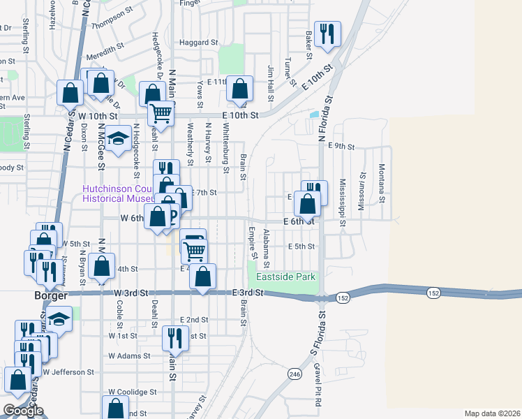 map of restaurants, bars, coffee shops, grocery stores, and more near 512-522 Empire Street in Borger