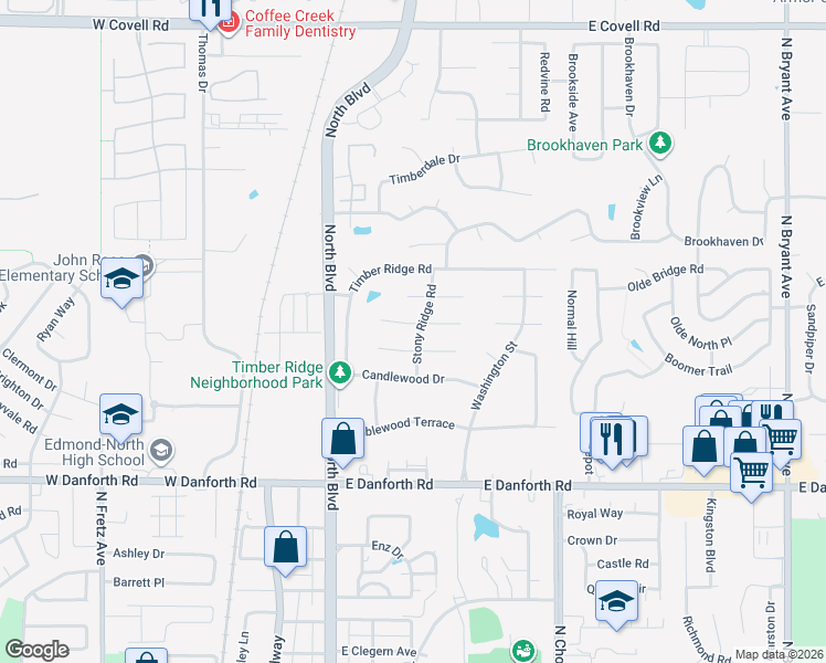 map of restaurants, bars, coffee shops, grocery stores, and more near 408 Canyon Road in Edmond