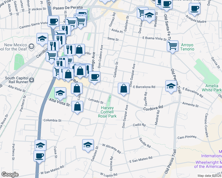 map of restaurants, bars, coffee shops, grocery stores, and more near 1206 Galisteo Street in Santa Fe