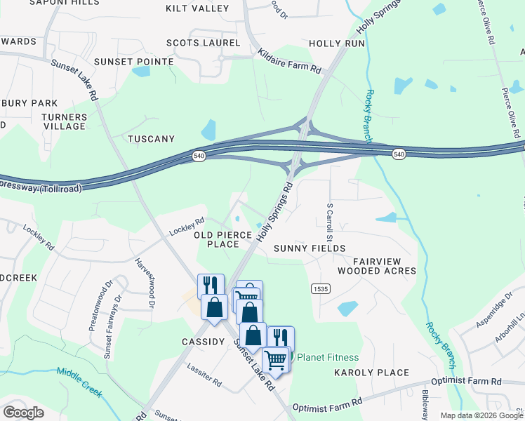 map of restaurants, bars, coffee shops, grocery stores, and more near 9701 Holly Springs Road in Apex